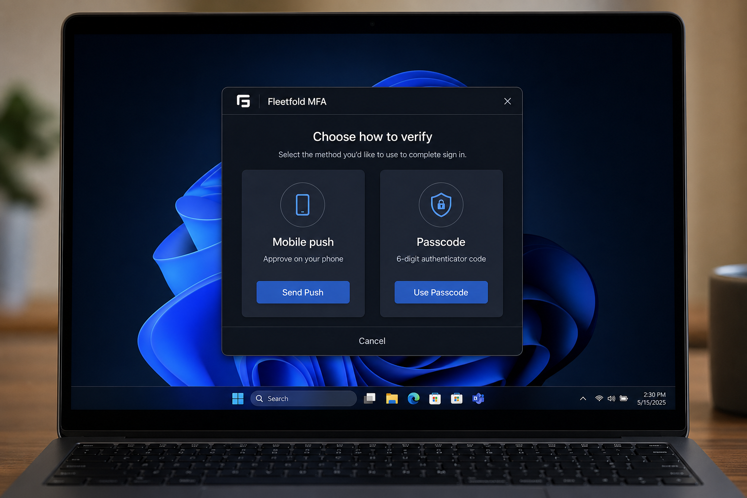 Fleetfold Verify Windows dialog: choose Mobile push or Passcode