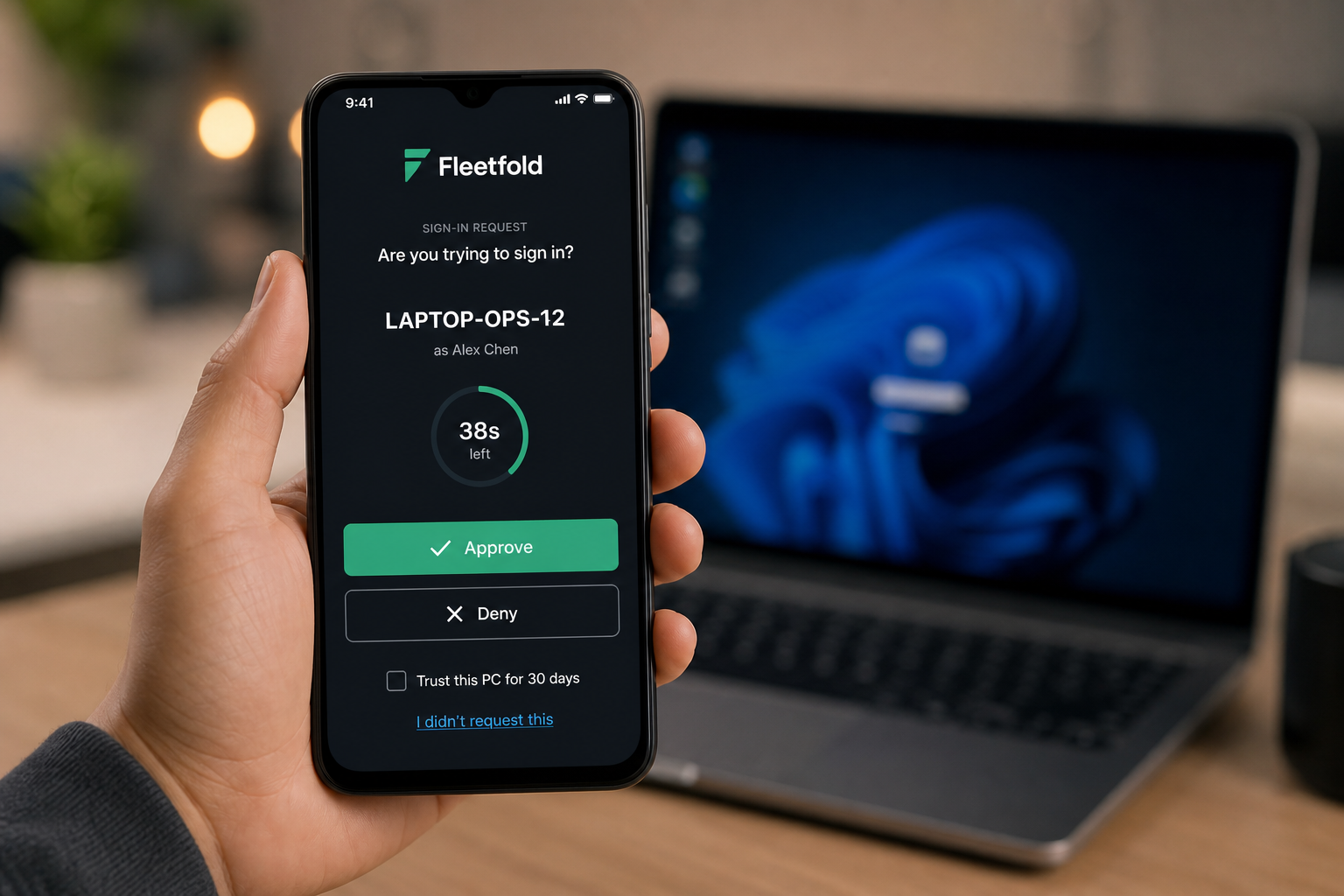 Fleetfold app sign-in request with Approve and Deny
