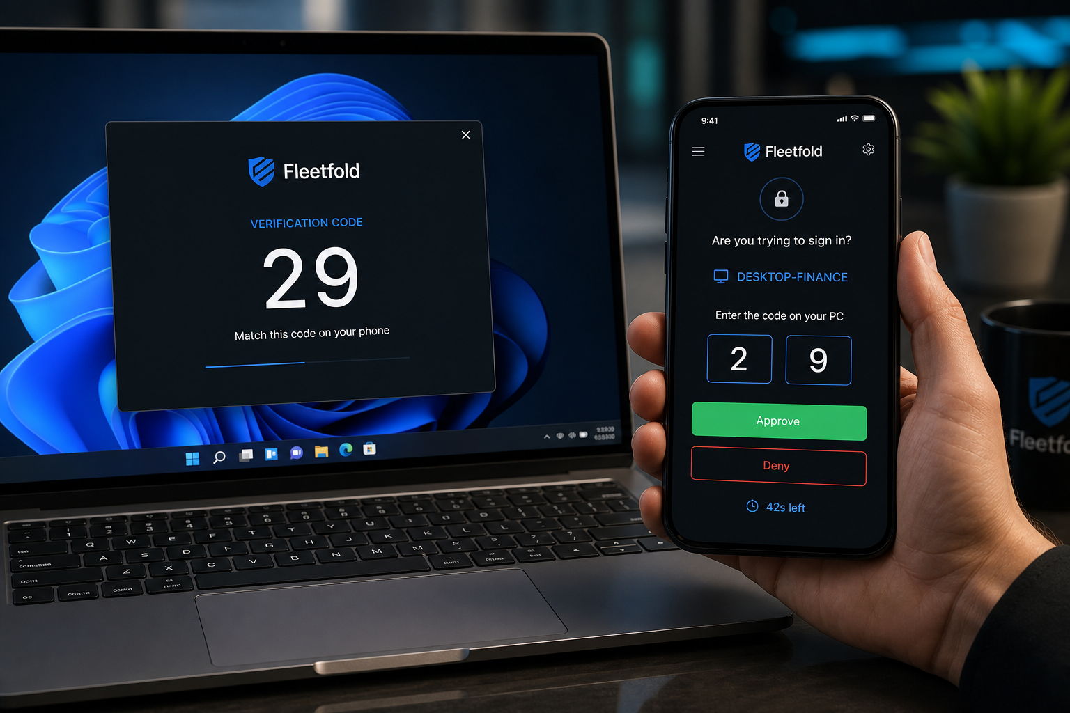 Fleetfold verified push: 2-digit code on Windows, entered in the Fleetfold app
